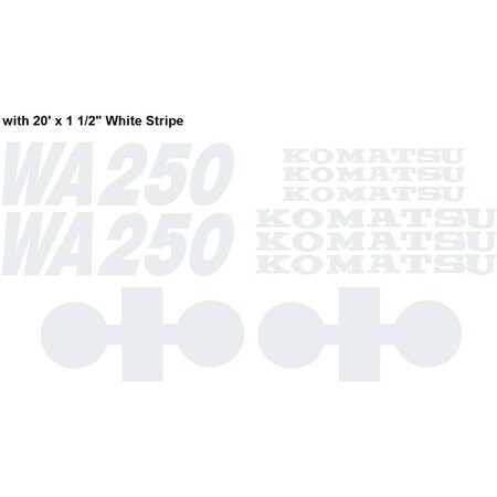 Aftermarket Komatsu Wheel Loader WA250 Decal Set w 20' x 1 12 White Stripe KOMWA250DECALSET